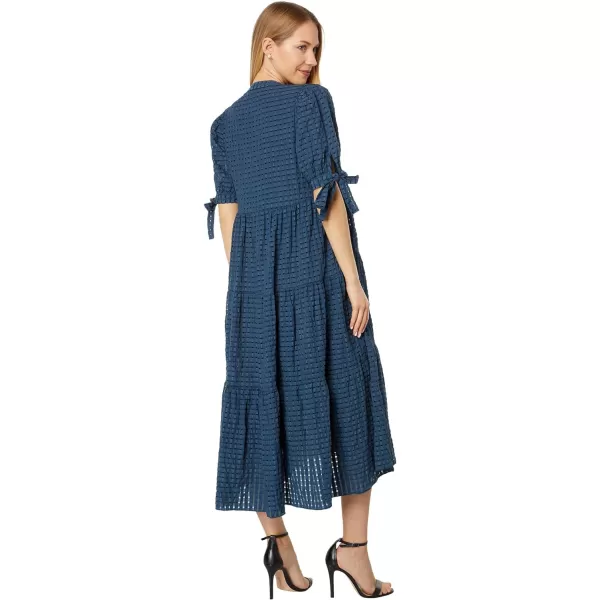 English Factory Gingham Tiered Midi Dress with Bow Tie SleevesNavy