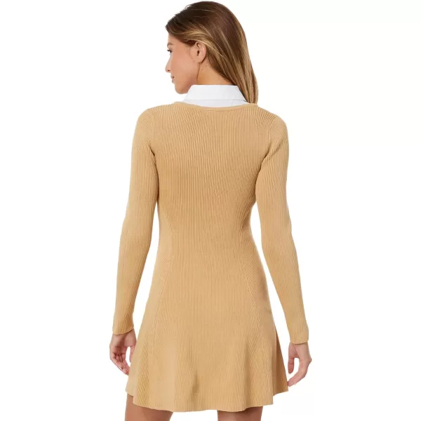 English Factory Womens Mixed Media Fit and Flare Sweater DressBeige