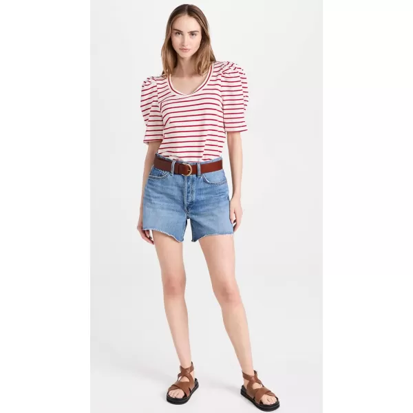 English Factory Womens Stripe Pleated Puff Sleeve TopWhiteRed