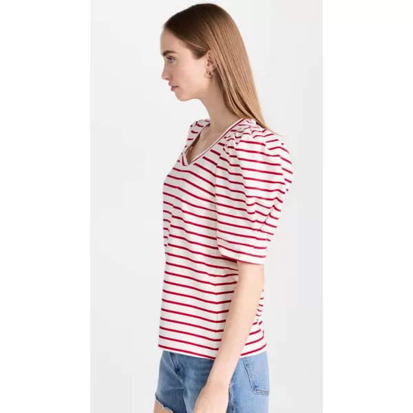 English Factory Womens Stripe Pleated Puff Sleeve TopWhiteRed