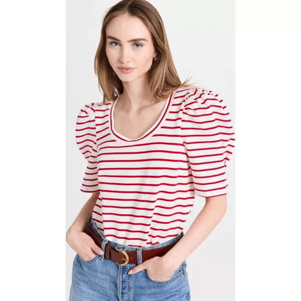 English Factory Womens Stripe Pleated Puff Sleeve TopWhiteRed