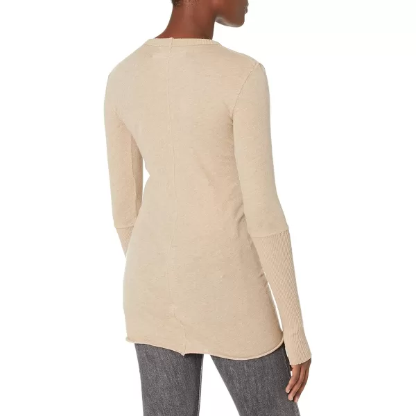 Enza Costa Womens Cashmere Blend Cuffed Crew Top with ThumbholesKhaki