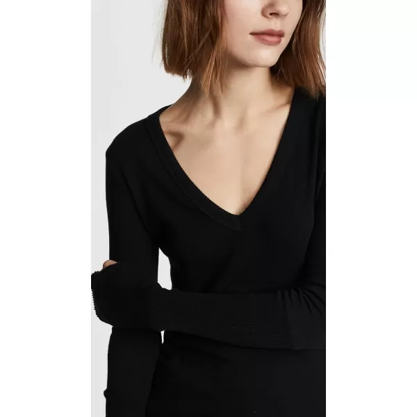 Enza Costa Womens Cashmere Blend Cuffed VNeck Top with ThumbholesBlack