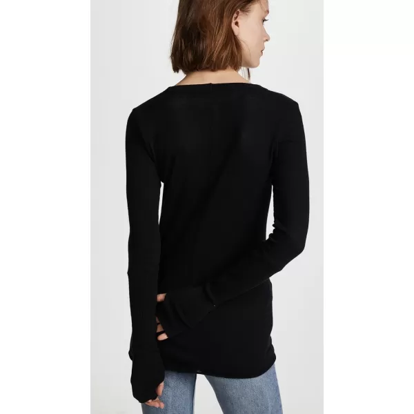 Enza Costa Womens Cashmere Blend Cuffed VNeck Top with ThumbholesBlack