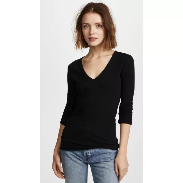 Enza Costa Womens Cashmere Blend Cuffed VNeck Top with ThumbholesBlack