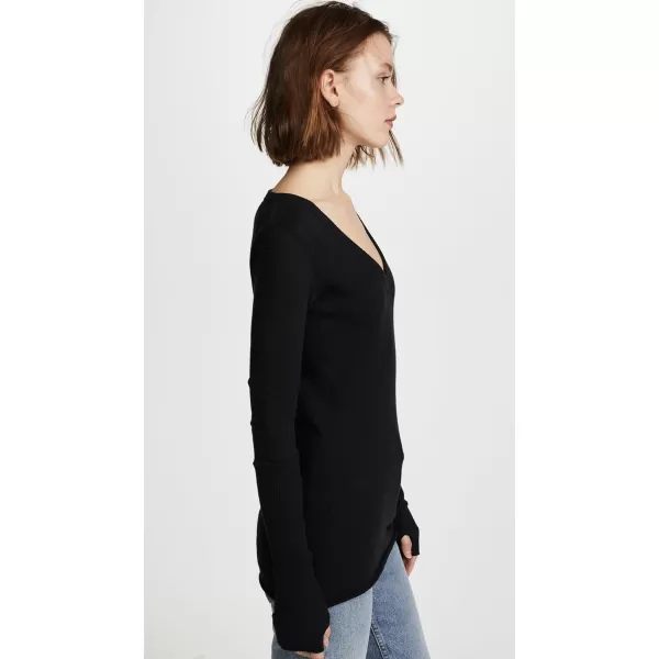 Enza Costa Womens Cashmere Blend Cuffed VNeck Top with ThumbholesBlack