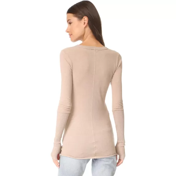 Enza Costa Womens Cashmere Blend Cuffed VNeck Top with ThumbholesKhaki