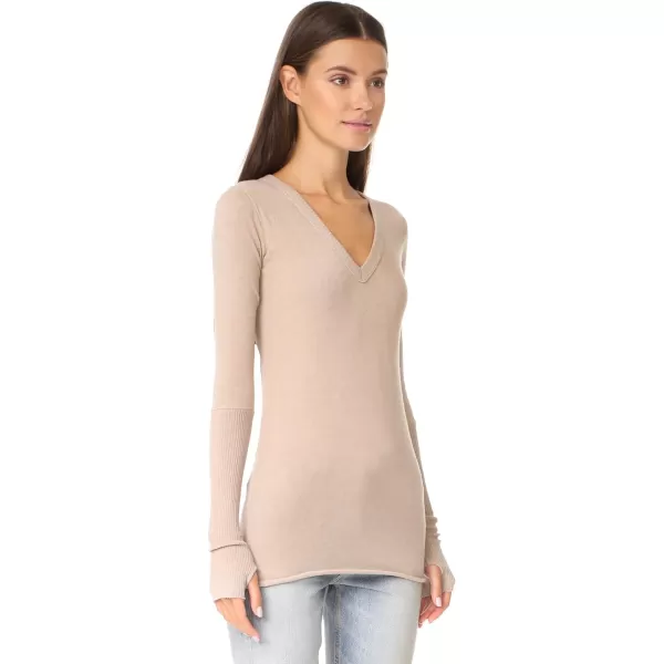 Enza Costa Womens Cashmere Blend Cuffed VNeck Top with ThumbholesKhaki