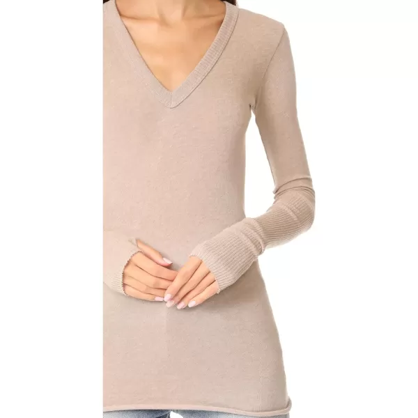 Enza Costa Womens Cashmere Blend Cuffed VNeck Top with ThumbholesKhaki