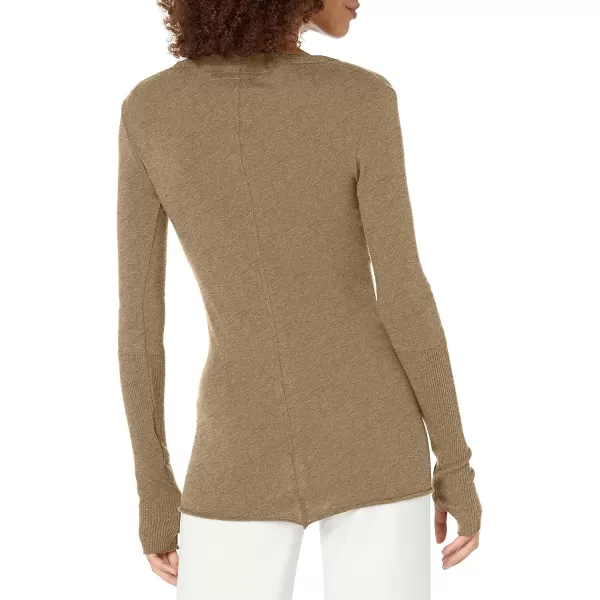 Enza Costa Womens Cashmere Blend Cuffed VNeck Top with ThumbholesPebble