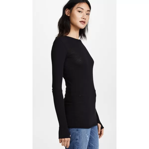 Enza Costa Womens Cashmere Thermal Long Sleeve Cuffed Crew Top with ThumbholesBlack