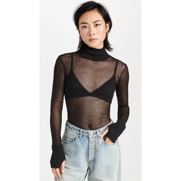 Enza Costa Womens Cotton Mesh Cuffed TurtleneckBlack