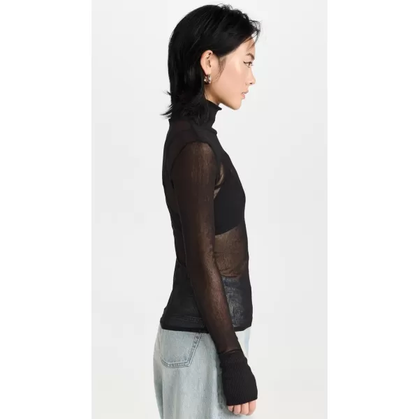 Enza Costa Womens Cotton Mesh Cuffed TurtleneckBlack