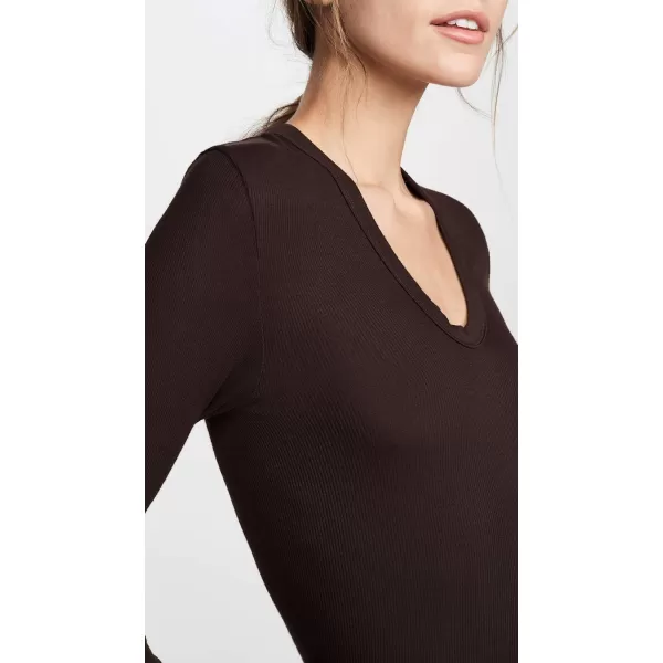 Enza Costa Womens Stretch Silk Rib Fitted Long Sleeve UNeck TopBitter Brown