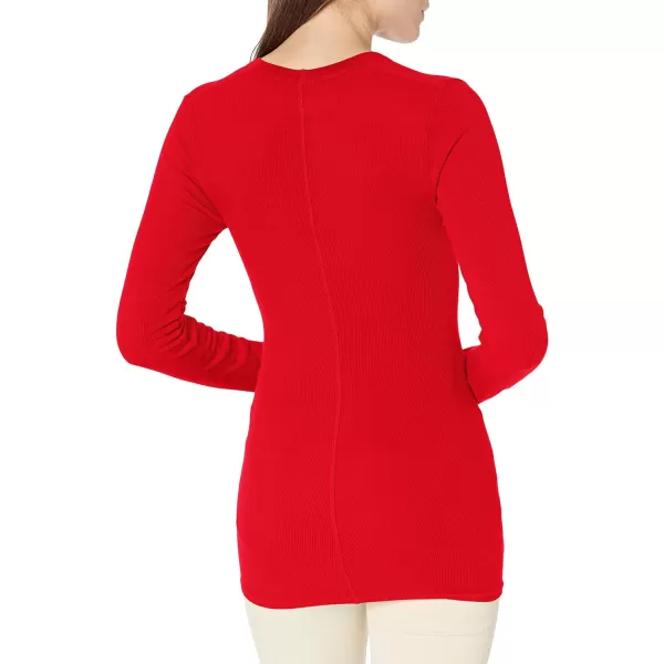 Enza Costa Womens Stretch Silk Rib Fitted Long Sleeve UNeck TopIconic Red