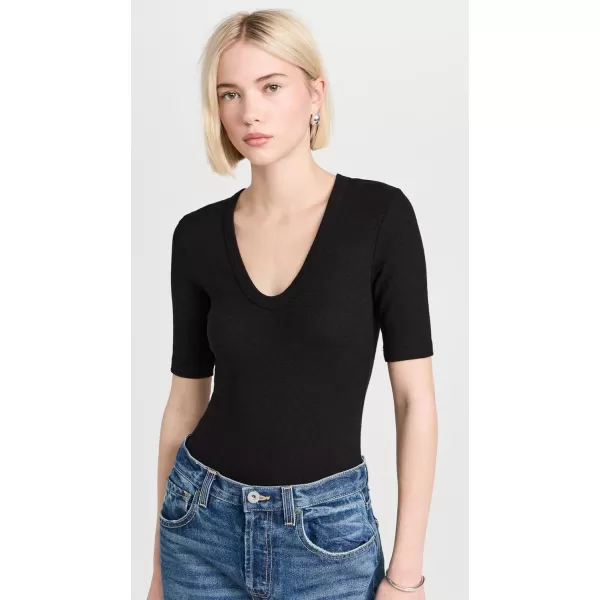 Enza Costa Womens Textured Rib Half Sleeve Scoop Neck TeeBlack