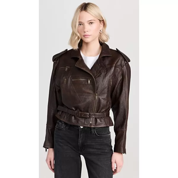 FRAME Womens Strong Shoulder Leather Moto JacketChestnut