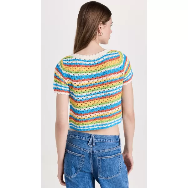 KITRI Womens Drew Blue Crochet Short Sleeve Knit CardiganBlue Multi Stripe