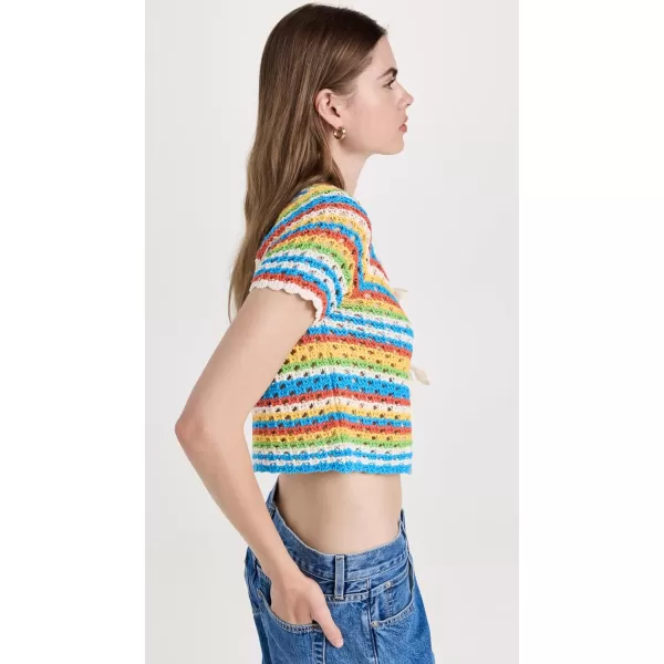 KITRI Womens Drew Blue Crochet Short Sleeve Knit CardiganBlue Multi Stripe