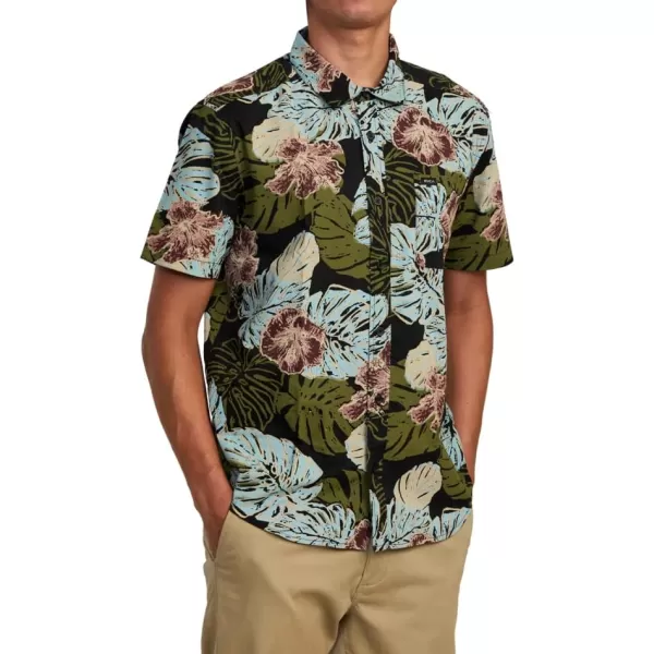 RVCA Mens Will Travel Short Sleeve ShirtBlack Monstera 20