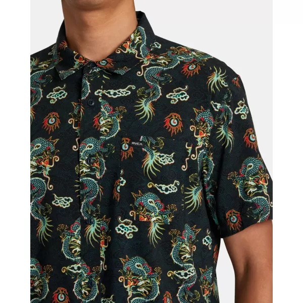 RVCA Mens Will Travel Short Sleeve ShirtBlack Neon Dragon