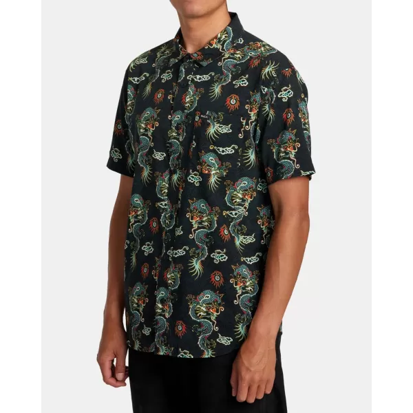 RVCA Mens Will Travel Short Sleeve ShirtBlack Neon Dragon