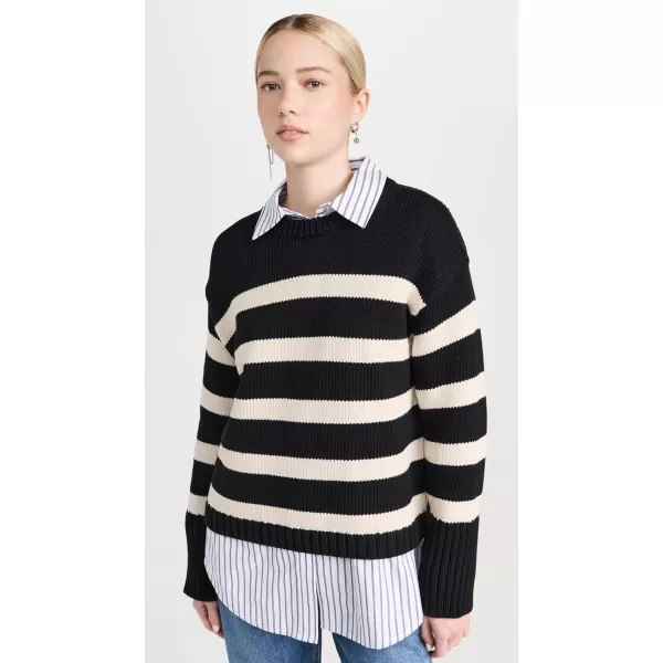 White  Warren Womens Core Spun Cotton Striped CrewneckBlackNatural