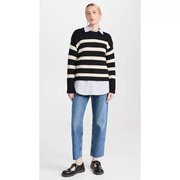 White  Warren Womens Core Spun Cotton Striped CrewneckBlackNatural