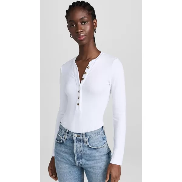 Womens Button Up Ribbed Henley BodysuitWhite