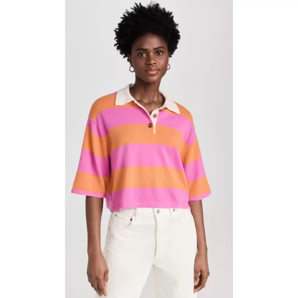 Womens Cashmere Cropped Striped PoloFondant PinkBright Tangerine