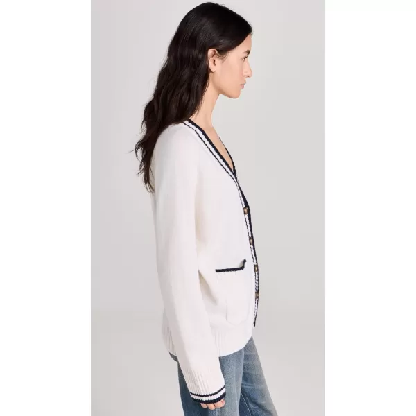 Womens Cashmere Varsity CardiganSoft WhiteNavy