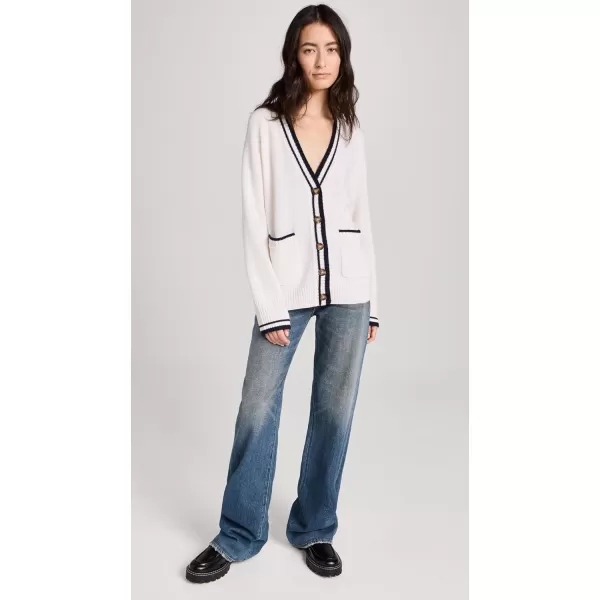 Womens Cashmere Varsity CardiganSoft WhiteNavy