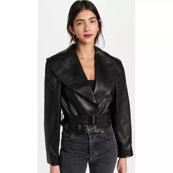 Womens Cropped Belted Leather JacketBlack