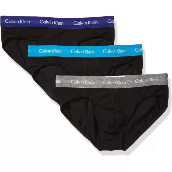 Calvin Klein Mens Cotton Stretch 3Pack Hip BriefBlack BodyOpen OceanMiddle Ground HeatherBlue Topaz