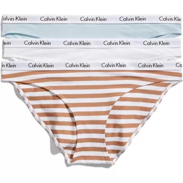 Calvin Klein Womens Carousel Logo Cotton Stretch Bikini Panties 3 Pack3 Palest BlueWhiteRainer Stripe Sandalwood