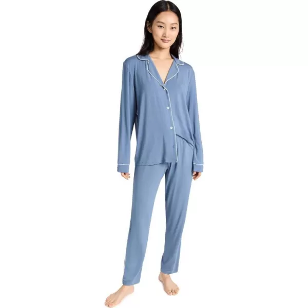 Eberjey Gisele Tuxedo Slim Womens Pajama Set  Button Down Shirt w Front Pocket Slim Pants w Elastic WaistCoastal BlueIvory