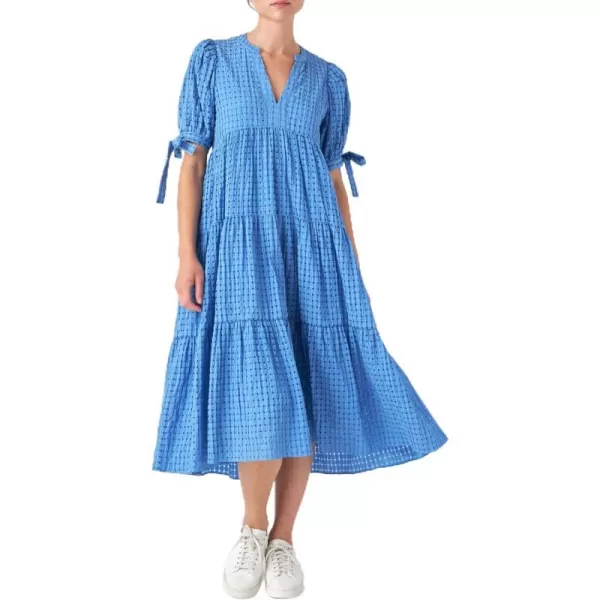 English Factory Gingham Tiered Midi Dress with Bow Tie SleevesCobalt