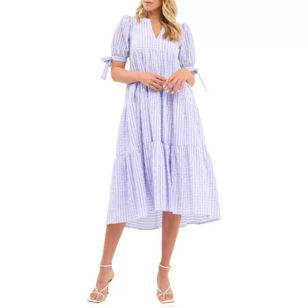 English Factory Gingham Tiered Midi Dress with Bow Tie SleevesLavender