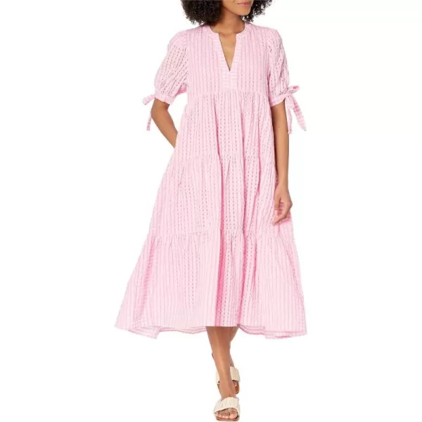 English Factory Gingham Tiered Midi Dress with Bow Tie SleevesPink