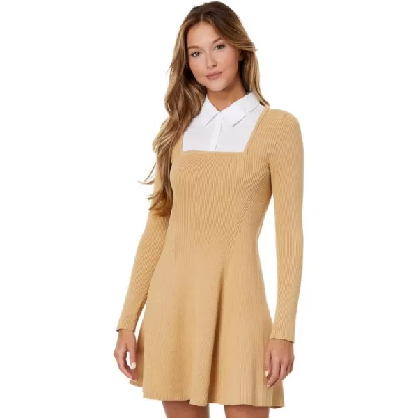 English Factory Womens Mixed Media Fit and Flare Sweater DressBeige