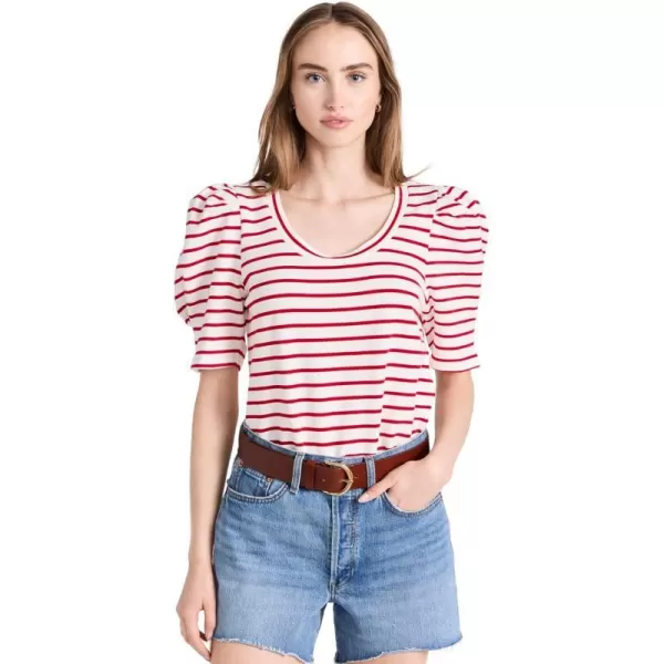 English Factory Womens Stripe Pleated Puff Sleeve TopWhiteRed