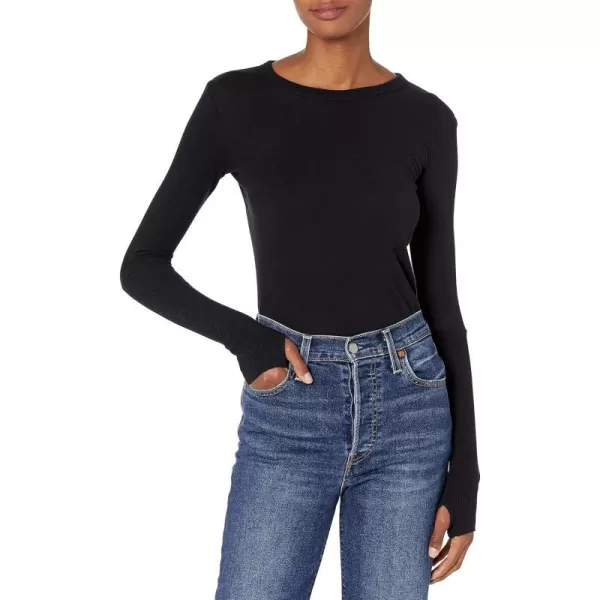 Enza Costa Womens Cashmere Blend Cuffed Crew Top with ThumbholesBlack