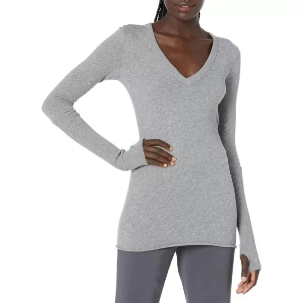 Enza Costa Womens Cashmere Blend Cuffed VNeck Top with ThumbholesSmoke