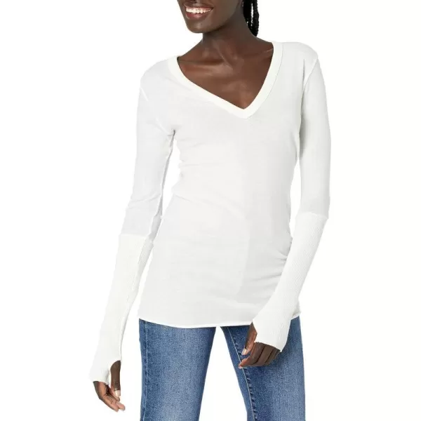 Enza Costa Womens Cashmere Blend Cuffed VNeck Top with ThumbholesWhite