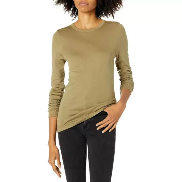 Enza Costa Womens Essential Supima Cotton Bold Long Sleeve Crew Neck TopMilitary