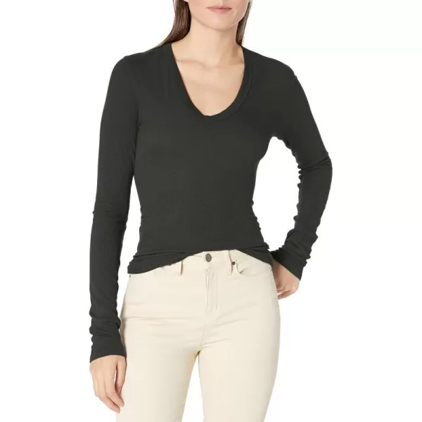 Enza Costa Womens Stretch Silk Rib Fitted Long Sleeve UNeck TopHunter