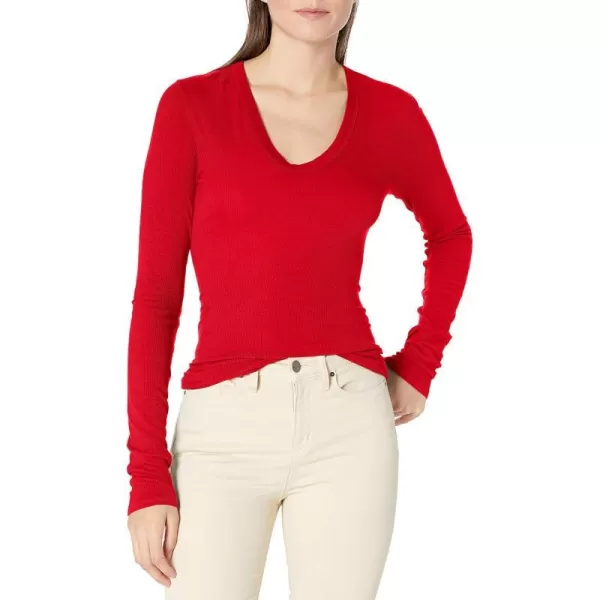 Enza Costa Womens Stretch Silk Rib Fitted Long Sleeve UNeck TopIconic Red