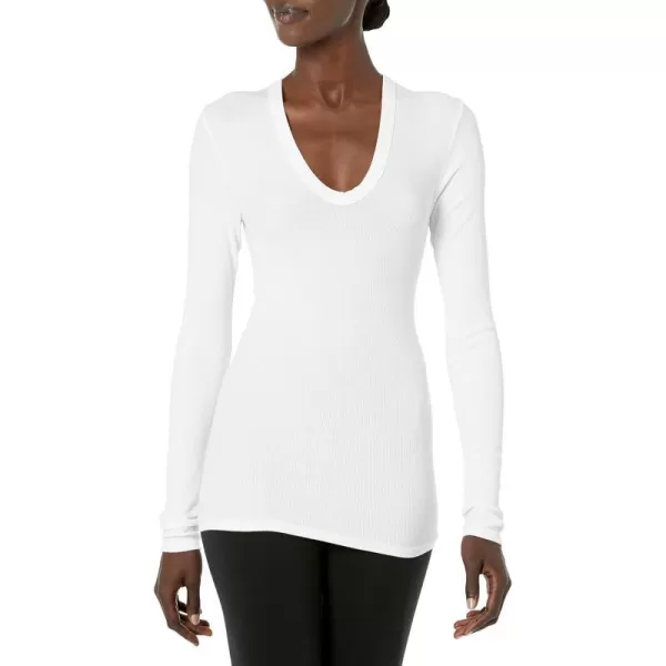 Enza Costa Womens Stretch Silk Rib Fitted Long Sleeve UNeck TopWhite