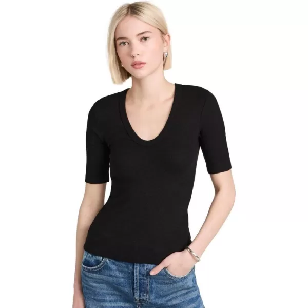 Enza Costa Womens Textured Rib Half Sleeve Scoop Neck TeeBlack