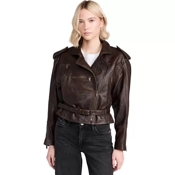 FRAME Womens Strong Shoulder Leather Moto JacketChestnut